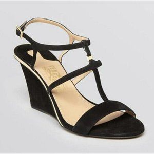 Salvatore Ferragamo Pakuna Black Suede Gold Detailed Wedge Sandals US 8.5